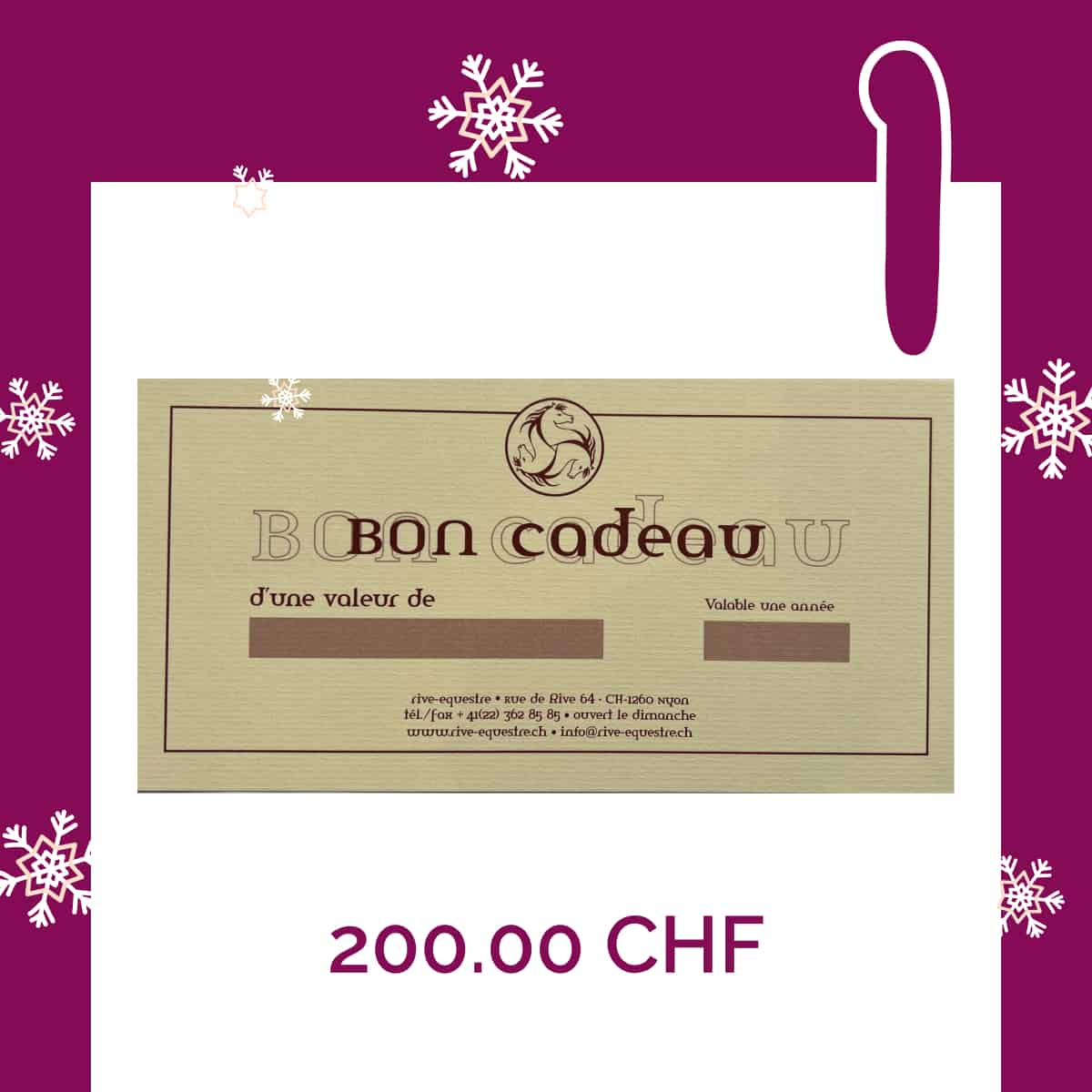 01 Calendrier de l’Avent – Bon cadeau Rive Equestre de CHF 200.00 à CHF 150.00
